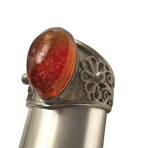 Vintage Oval Baltic Amber Statement Ring Silver Tone Floral Filigree